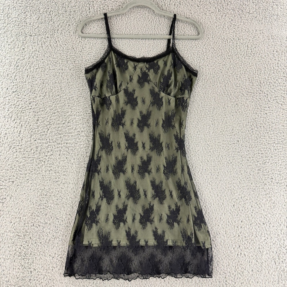 Romwe Cami Dress Womens Medium Olive Green Black Lace Overlay Floral Mini